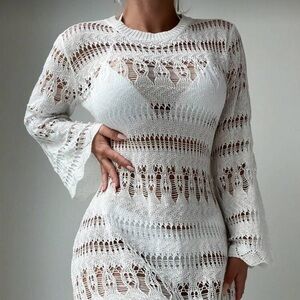 Veloura White Crochet Sheer Beach Cover Up Dress Long Sleeve Scallop For Summer